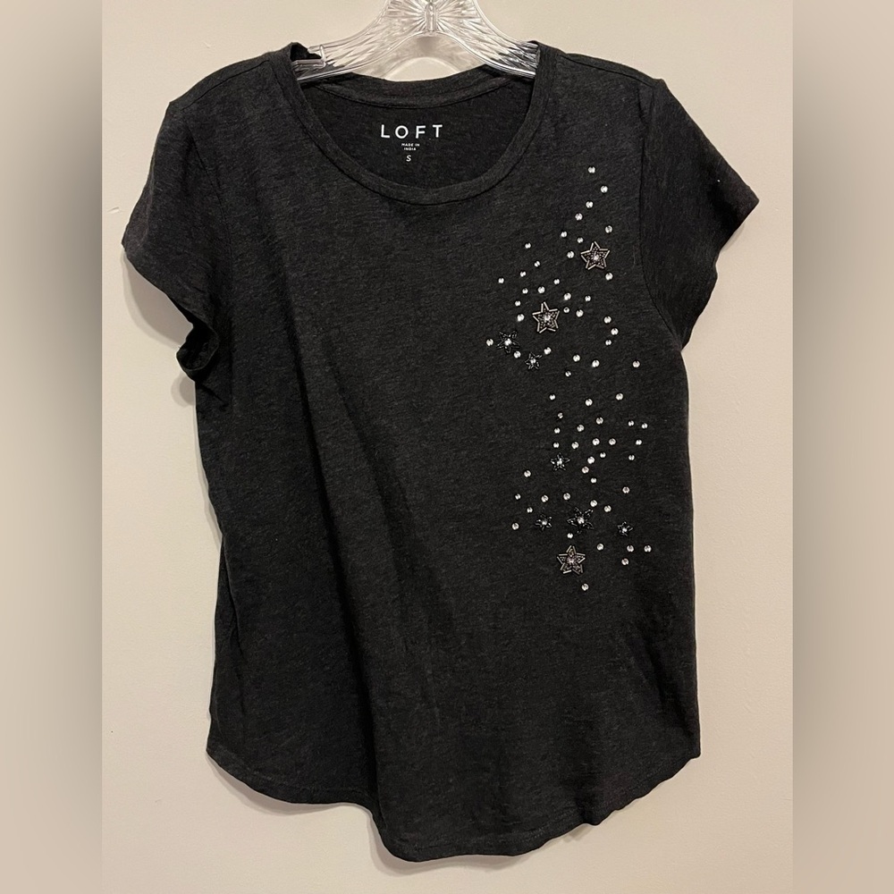 LOFT Women’s Black Cotton Tee w/Bling Detail Short Sleeve, Scallop Waist; Size S